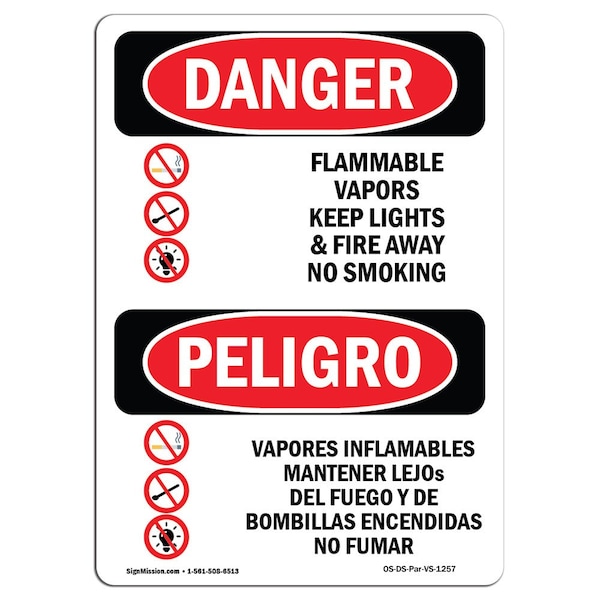 Safety Sign, OSHA Danger, 24" Height, Aluminum, Flammable Vapors Keep Fire Away Spanish